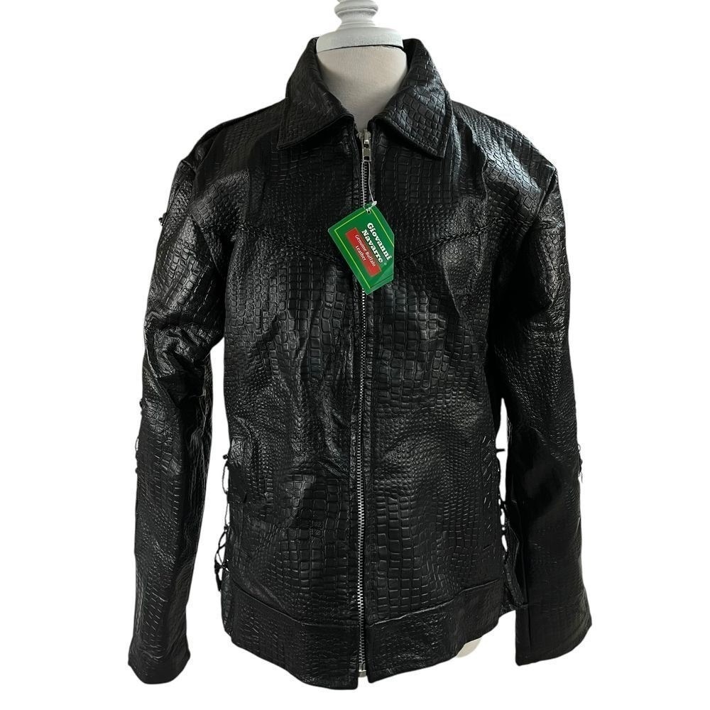 Navarre Buffalo Leather Croc Embossed Rose Moto Biker Jacket Black 2X Laced NWT